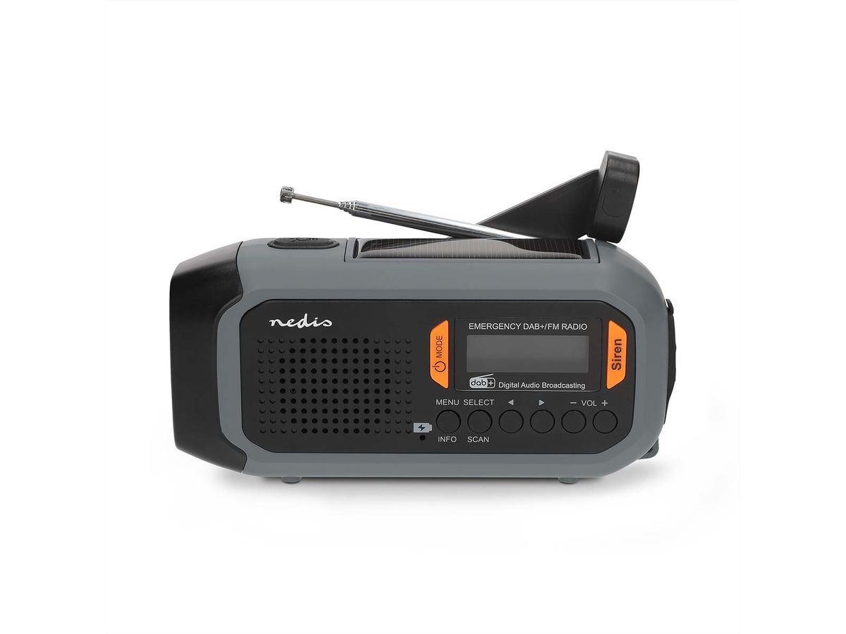 Radio d'urgence Nedis DAB FM avec manivelle, panneau solaire et batterie externe, Radio d'urgence portable pour les situations d'urgence, le camping et les activités de plein air