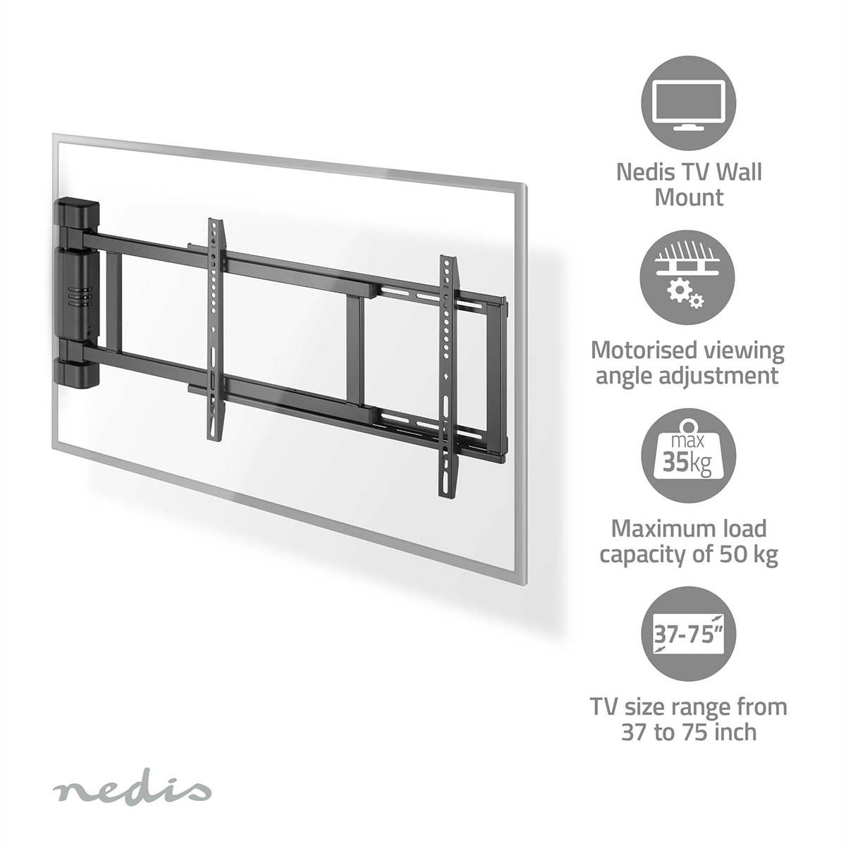 Nedis motorisierte TV-Wandhalterung 32–75" schwarz, Mur, 50 kg, orientable 170°
