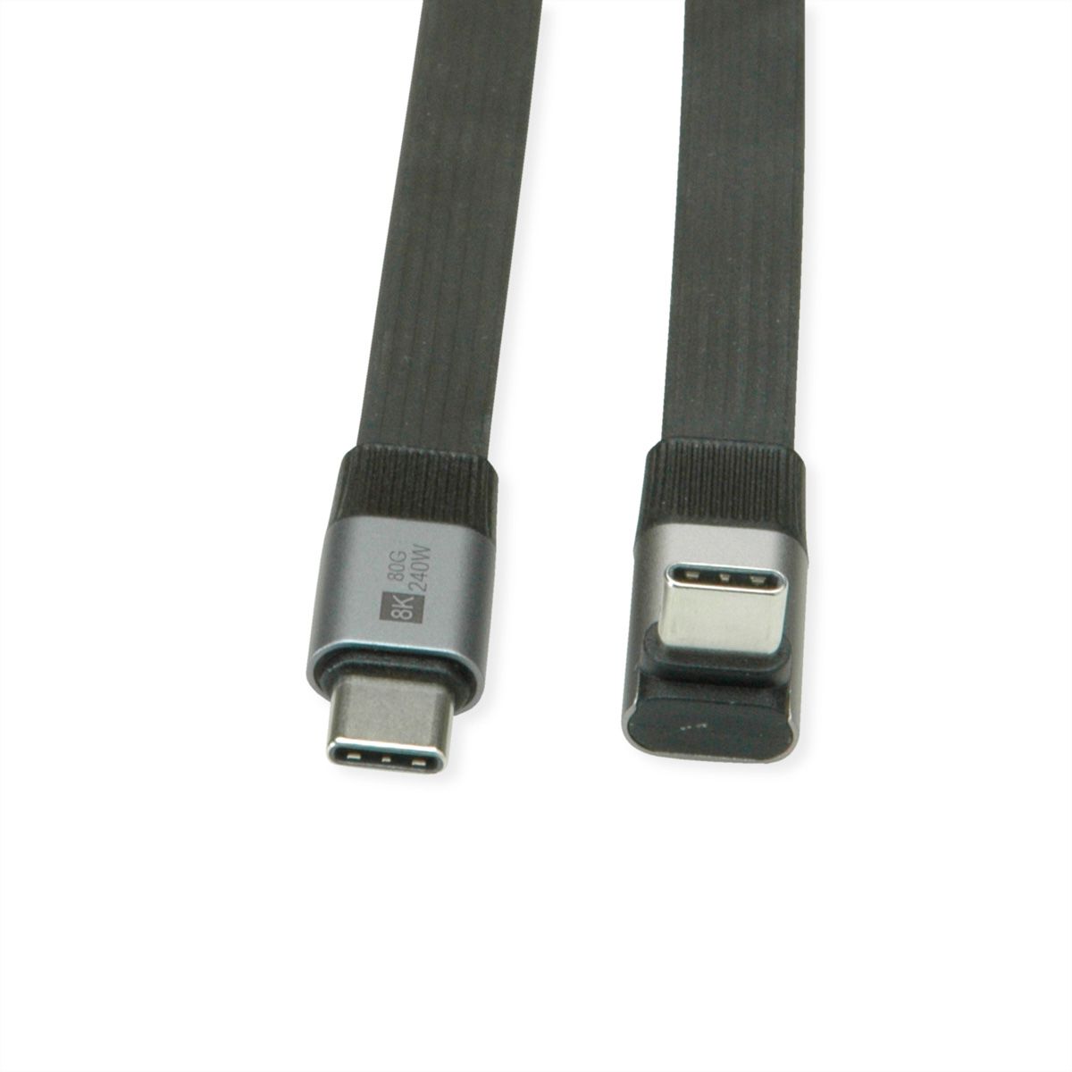 ROLINE USB4 2.0 Flachkabel, C–C, ST/ST, 8K UHD-2, 80Gbit/s, 240W, einseitig 270°-gewinkelt, schwarz, 0,8 m