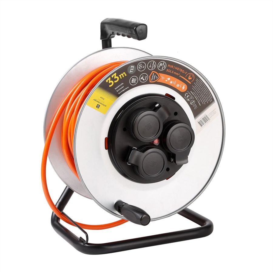 Kabelrolle Metall 3xT13, EPR-PUR H07BQ-F 3G1.5mm2,33m,IK09, orange