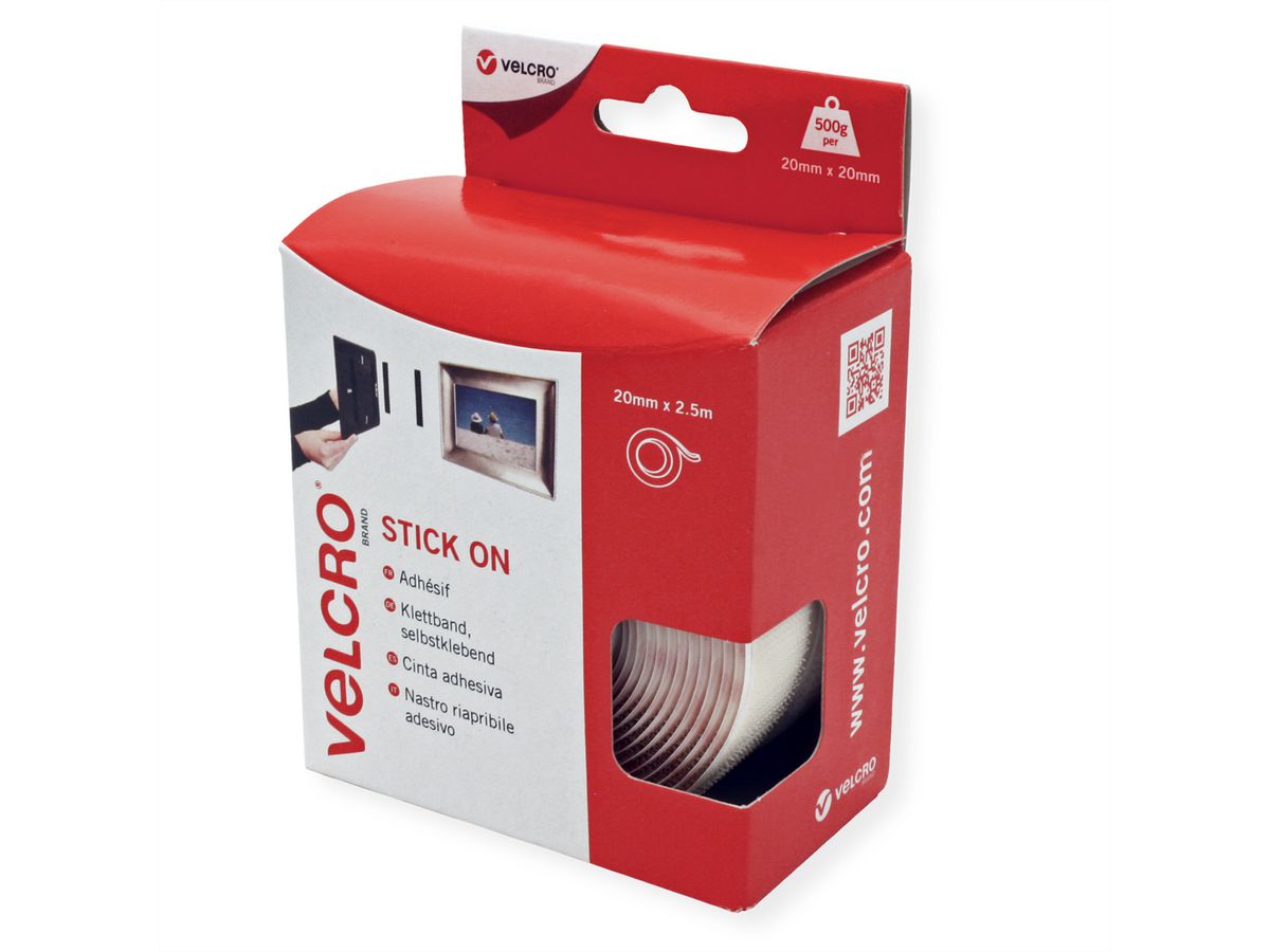 VELCRO® Klettband Selbstklebend, Haken & Flausch 20mm x 2.5m Weiß