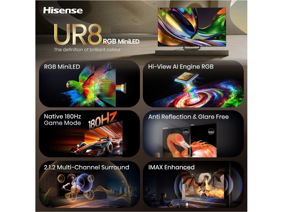Hisense TV 75UR8DS 75", RGB Mini LED 4K, 180Hz, 3500 Nits