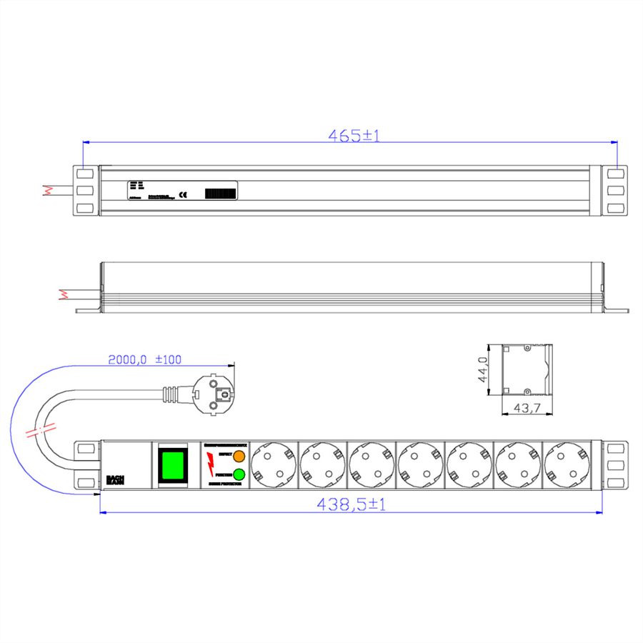 BACHMANN Bâti de prises 19" 7x avec TGB avec interrupteur, noir