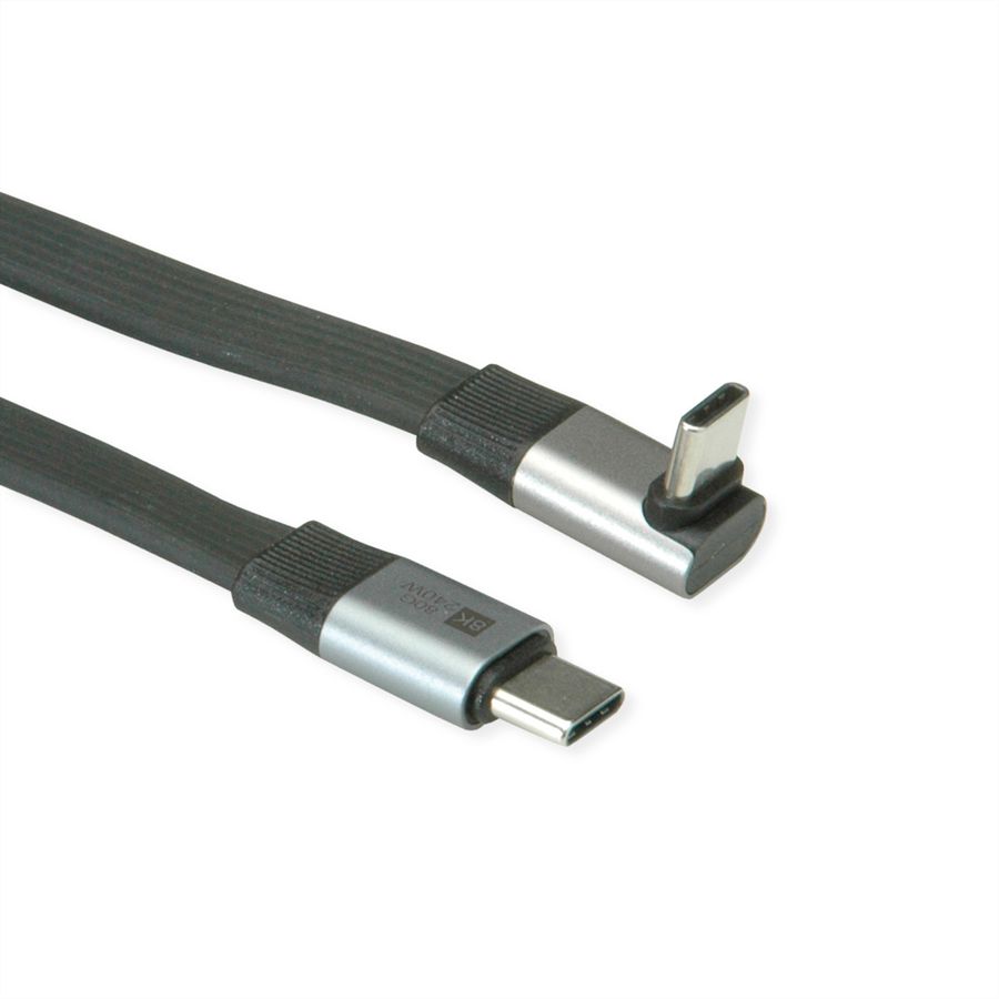 ROLINE USB4 2.0 Flachkabel, C–C, ST/ST, 8K UHD-2, 80Gbit/s, 240W, einseitig 270°-gewinkelt, schwarz, 0,8 m