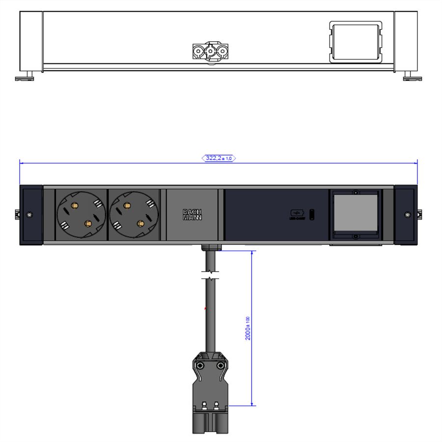BACHMANN DESK RAIL 2xSchutzkontakt USB C, USB Charger 60W 1xABD 2,0m GST18