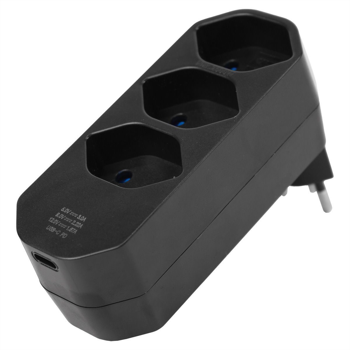 Steffen Mehrfachstecker Manta 3fach, 1xUSB-C, Dreh-Winkelstecker, schwarz