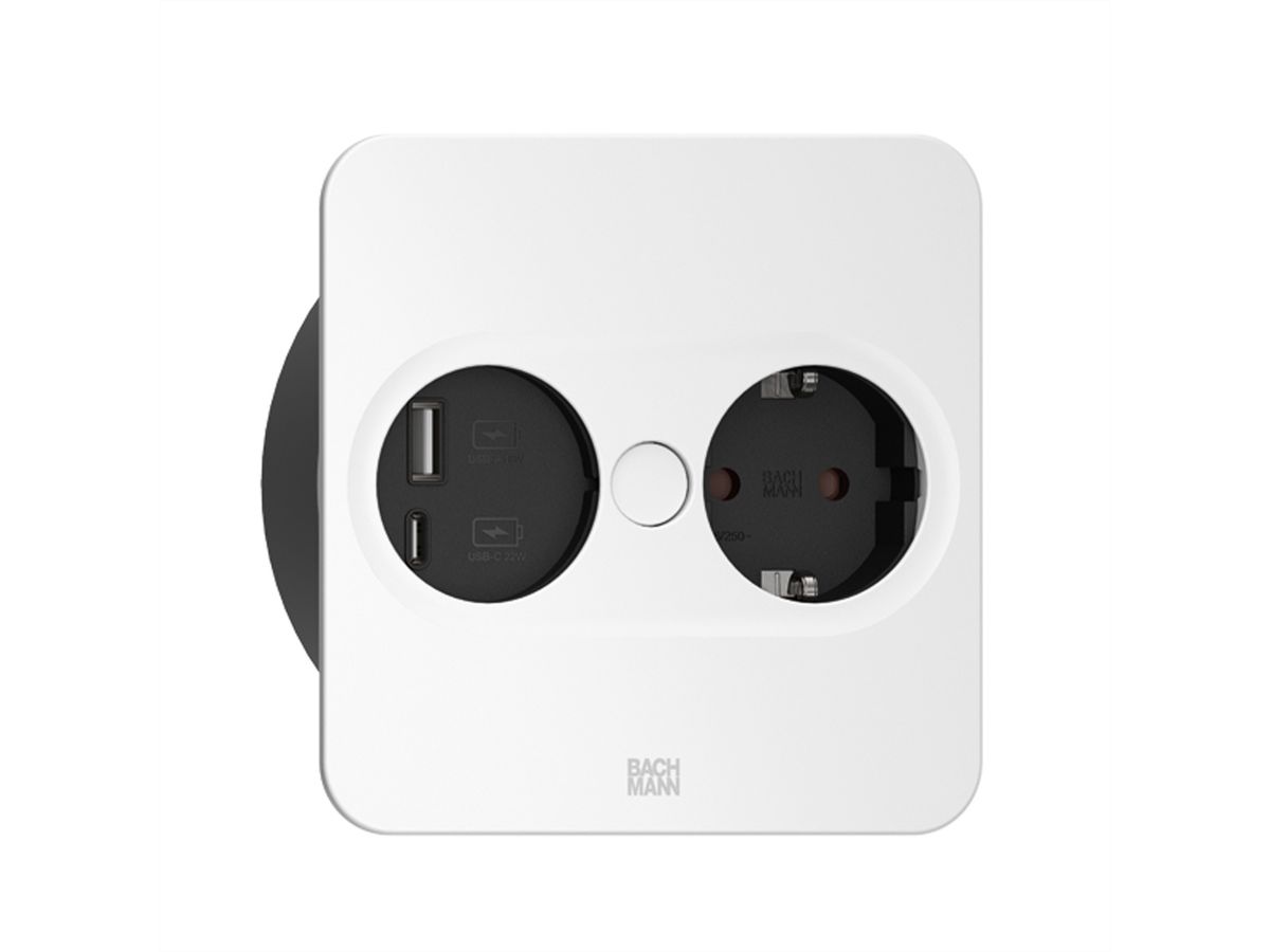 BACHMANN TWIST 2 1xCEE7/3 1xUSB A/C 22W 2,0m AEH RAL9010 30GE eckig