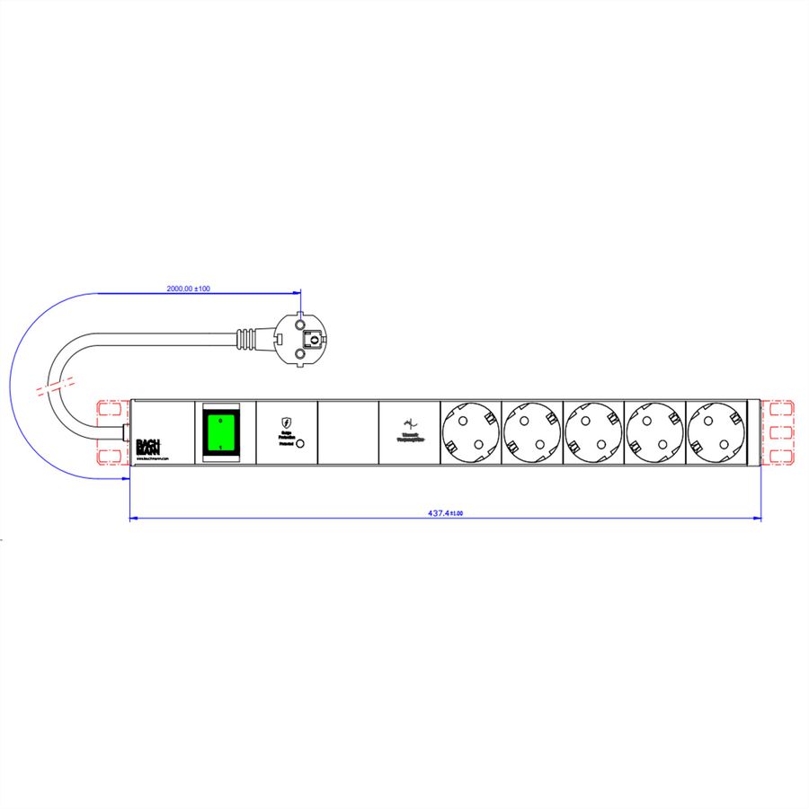 BACHMANN 19" 1UH 5xCEE7/3 1xinterrupteur 1xGVS-Plus 2,0m CEE7/7