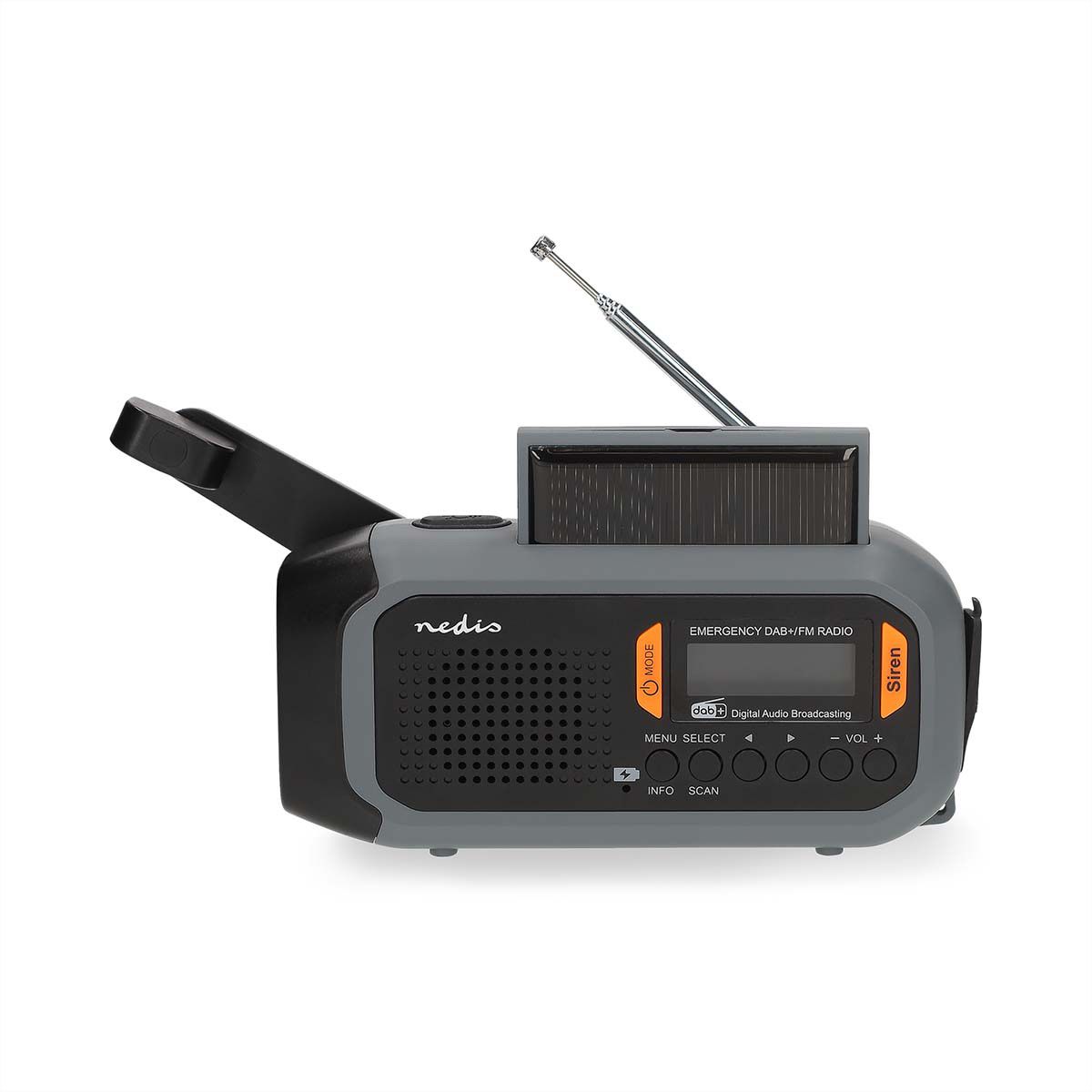 Nedis Notfallradio DAB FM mit Handkurbel Solarpanel und Powerbank, Tragbares Notfallradio fuer Notfaelle, Camping und Outdoor Anwendungen
