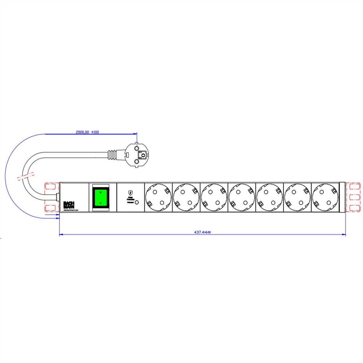 BACHMANN 19" 1UH 7xCEE7/3 1xSPD-Plus 1xcommutateur 2,0m CEE7/7