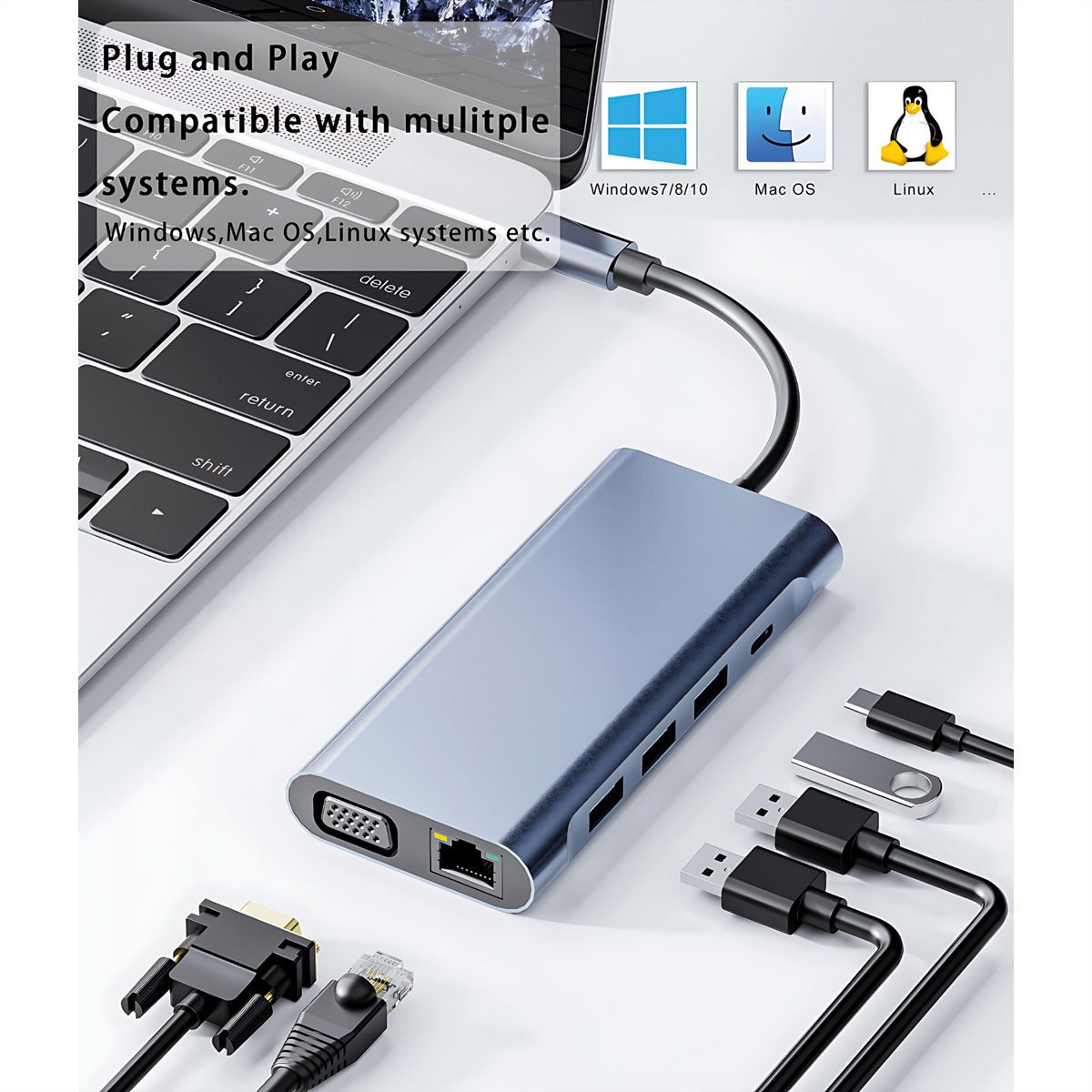VALUE USB Typ C Docking Station, HDMI 4K60, 1x Gigabit Ethernet, 2x USB A + Typ C PD, 1x SD/microSD, 1x Audio