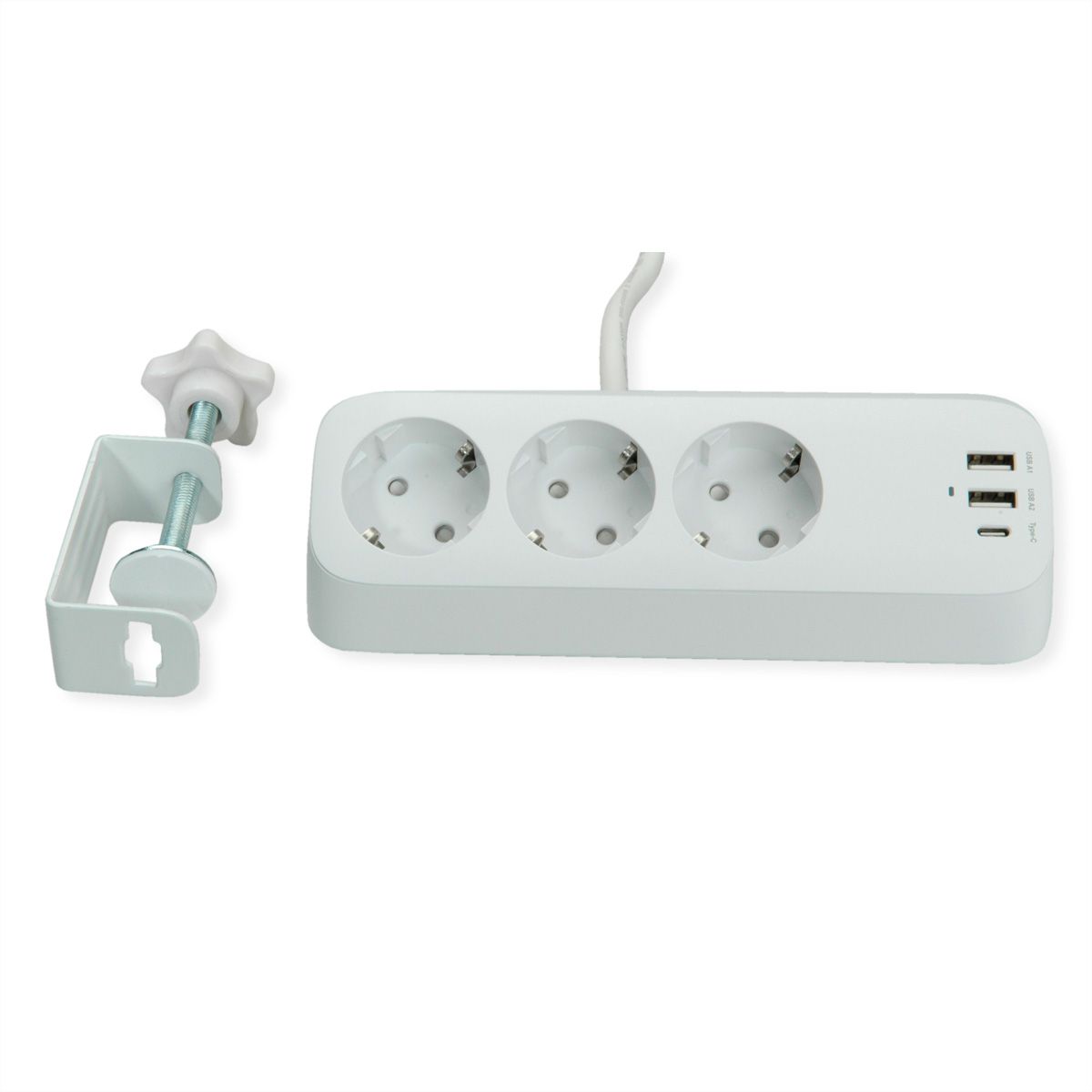 VALUE Tisch-Steckdosenleiste, 3fach mit Tisch-Klemme, inkl. USB-Charger (2x USB-A, 1x USB-C), 1,5 m