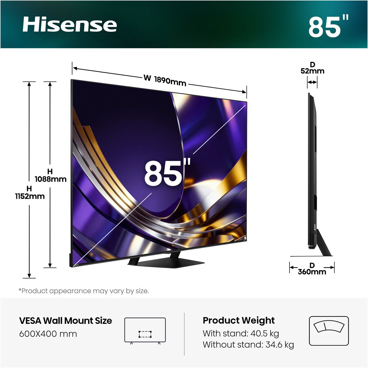Hisense TV 85U7DS PRO 85", Mini-LED 4K, 165Hz, 3000 Nits