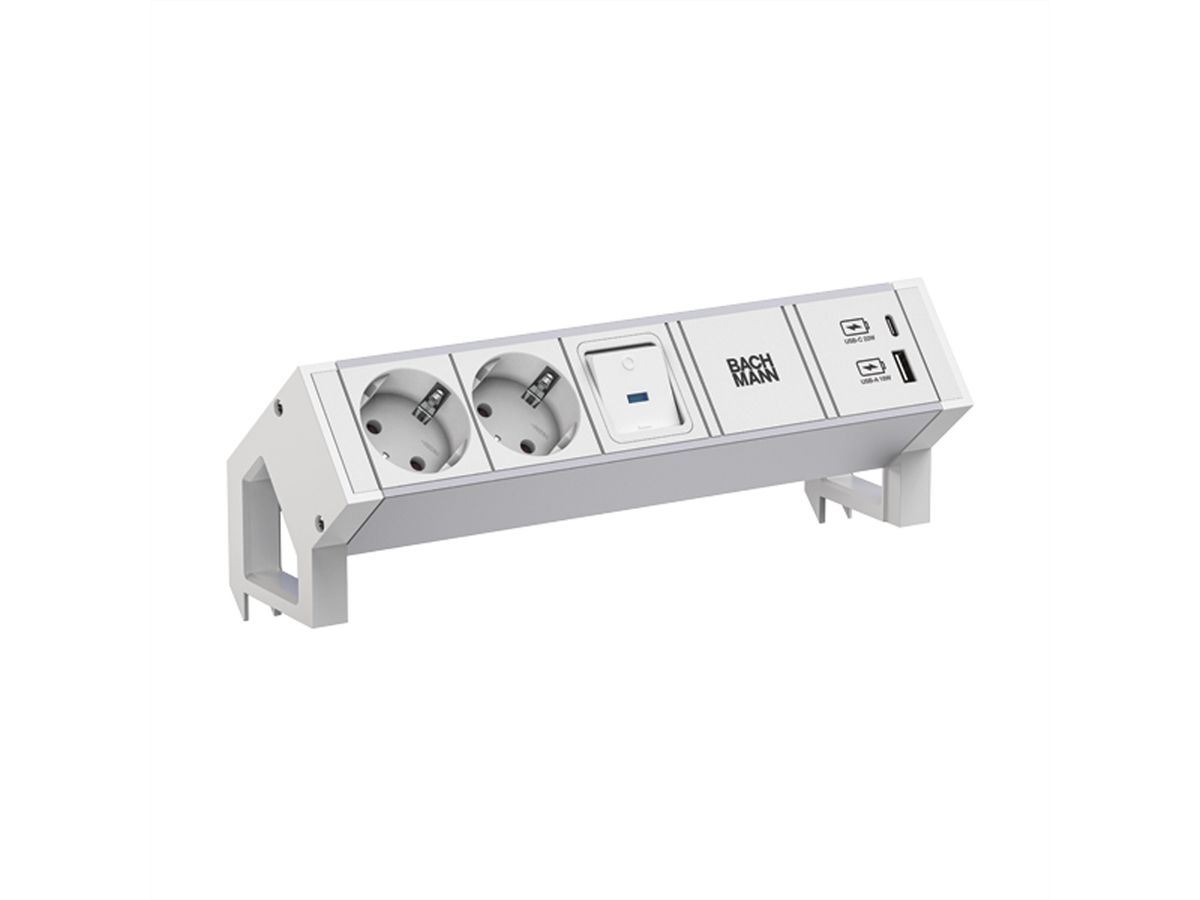 BACHMANN DESK2 ALU WHITE 2xCEE7/3 1xinterrupteur 1xUSB A/C 22W 0,2m
