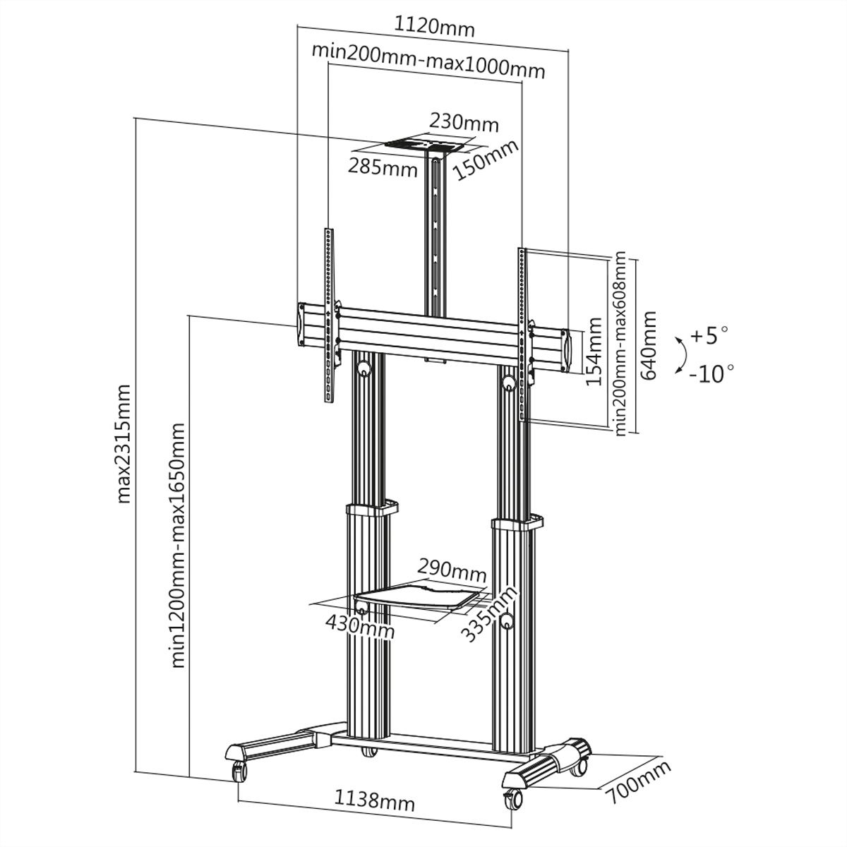 ROLINE LCD-/TV-Rollständer, 60-100 Zoll, bis 100 kg, silberfarben