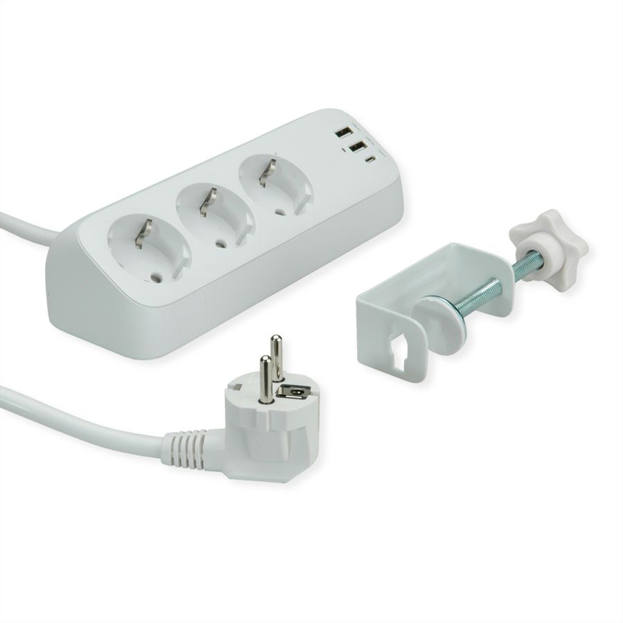 VALUE Tisch-Steckdosenleiste, 3fach mit Tisch-Klemme, inkl. USB-Charger (2x USB-A, 1x USB-C), 1,5 m