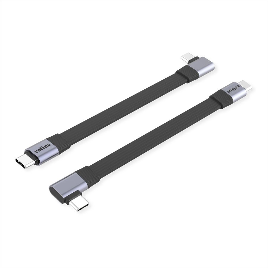 ROLINE USB4 2.0 Flachkabel, C–C, ST/ST, 8K UHD-2, 80Gbit/s, 240W, einseitig 90°-gewinkelt, schwarz, 0,13 m