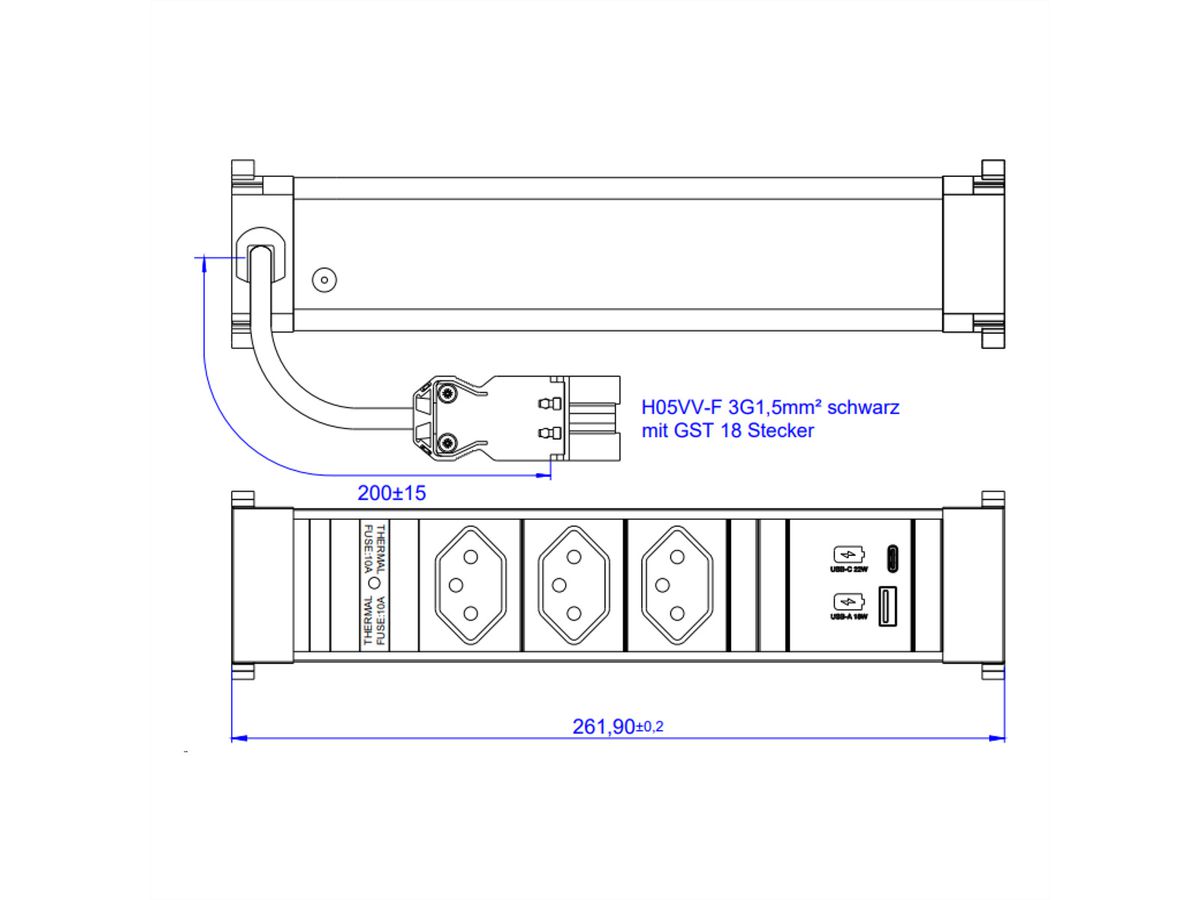 BACHMANN POWER FRAME M 3xCH, 1xUSB A&C 22W Charger 0,2m GST18 Schweiz
