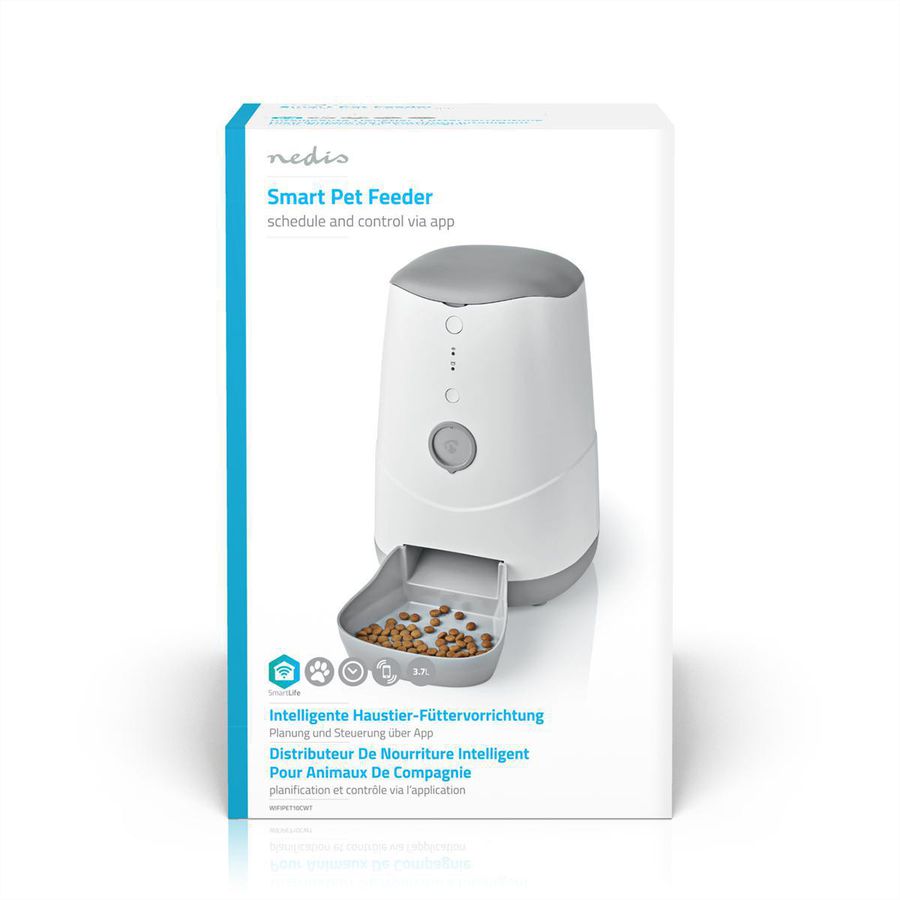 Distributeur de nourriture Nedis SmartLife Wi-Fi 3,7 l pour chiens et chats, Android™ / IOS, Blanc, Gris