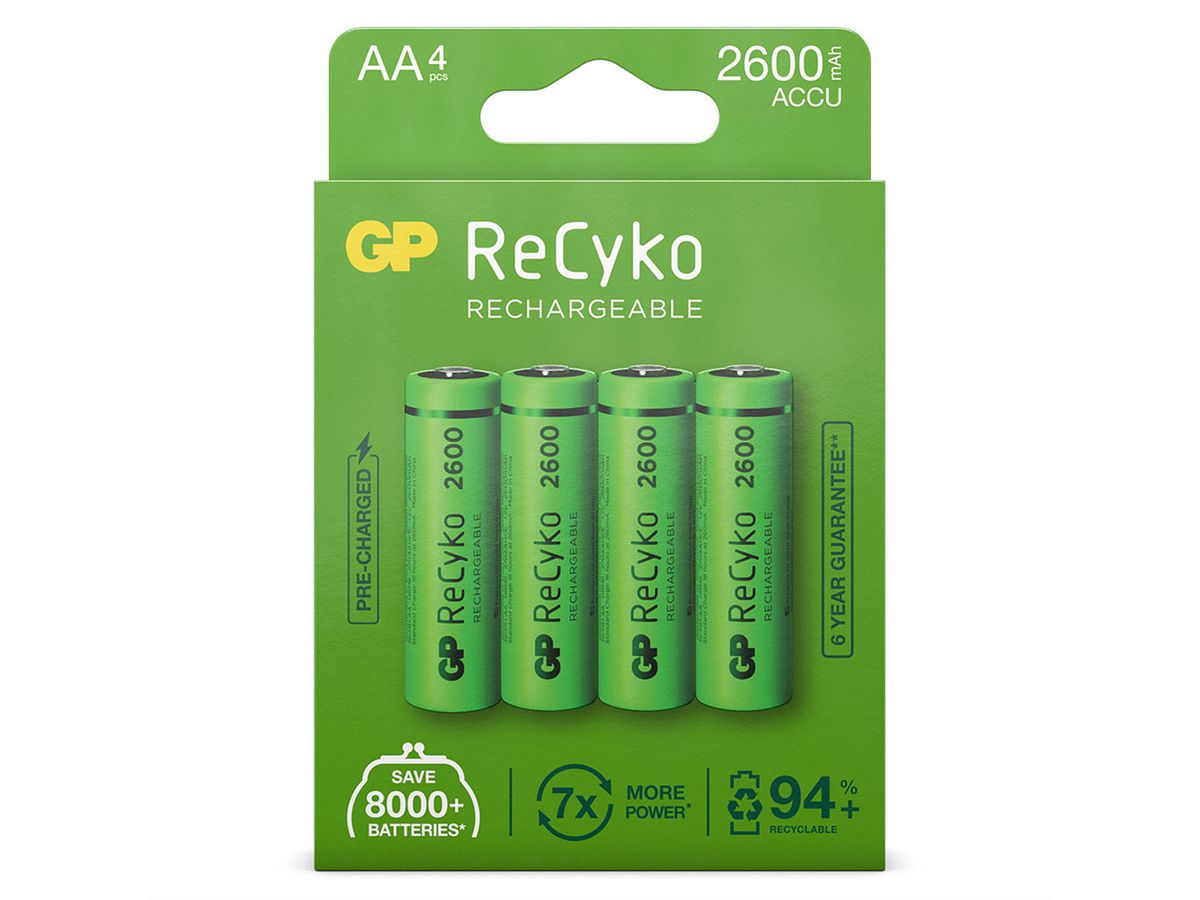 GP Batteries RECYKO+, HR06, 4x AA, Mignon, Akkus, NiMO, 2600mAh
