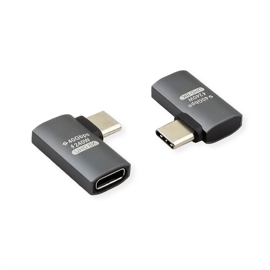 ROLINE Adaptateur USB4 Gen 3x2, Aluminium, coudé à 90°, plat, Type C, M/F, argent