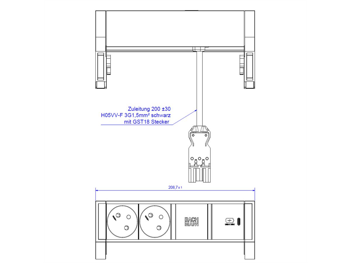 BACHMANN DESK2 2xUTE 1xUSB C 30W 0,2m GST18 RAL9005