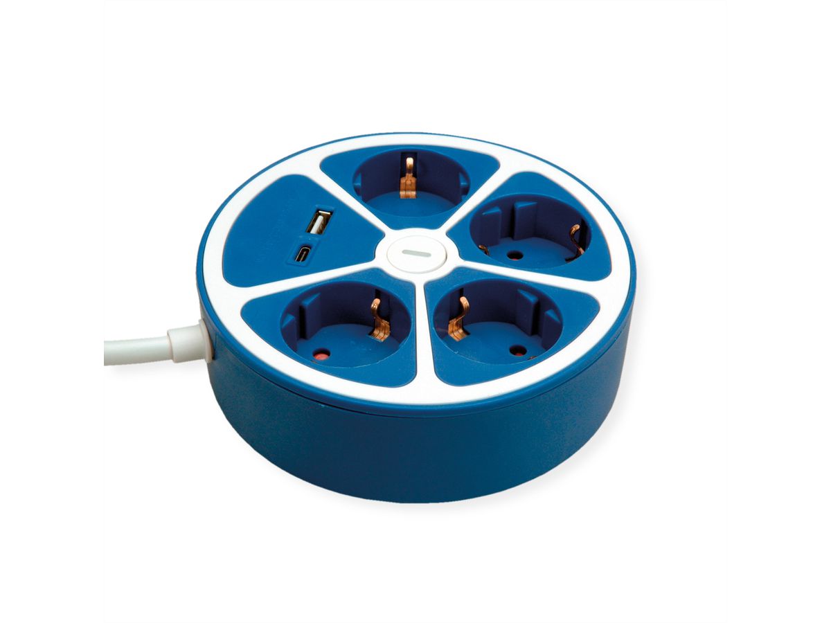 ROLINE 4-fach Steckdosenleiste mit Schalter, rund, USB-Charger A+C, blau, 3 m