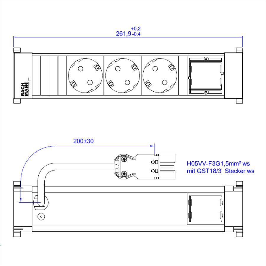 BACHMANN POWER FRAME 3xCEE7/3 1xCM 0,2m GST18 RAL9010