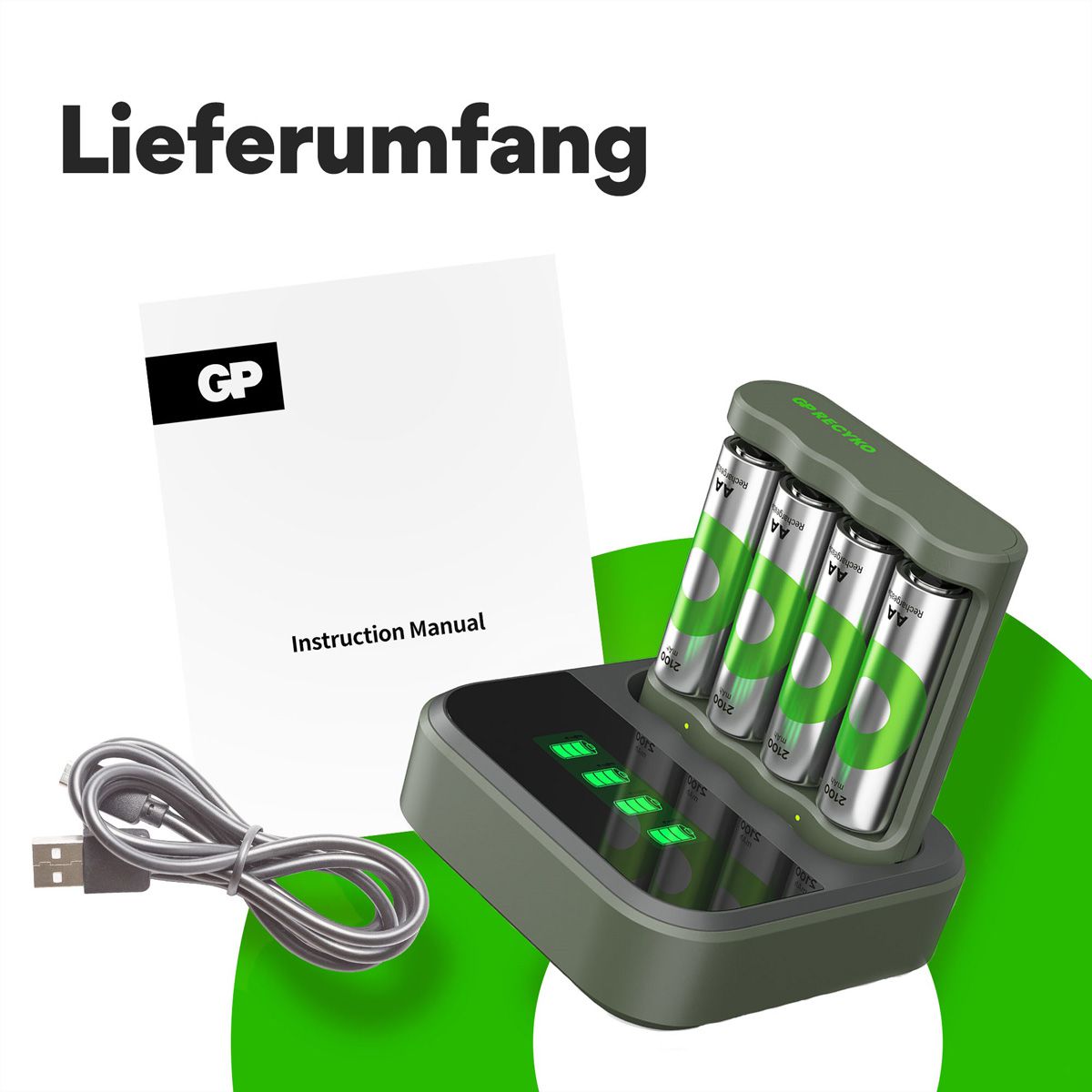 GP Batteries USB-Ladegerät GP B421, inkl. 4 x ReCyko AA 2100 mAh & USB Dock