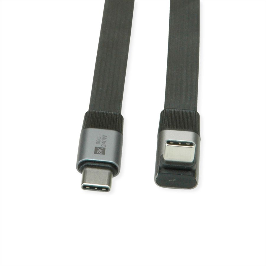 ROLINE USB4 2.0 Flachkabel, C–C, ST/ST, 8K UHD-2, 80Gbit/s, 240W, einseitig 270°-gewinkelt, schwarz, 0,8 m