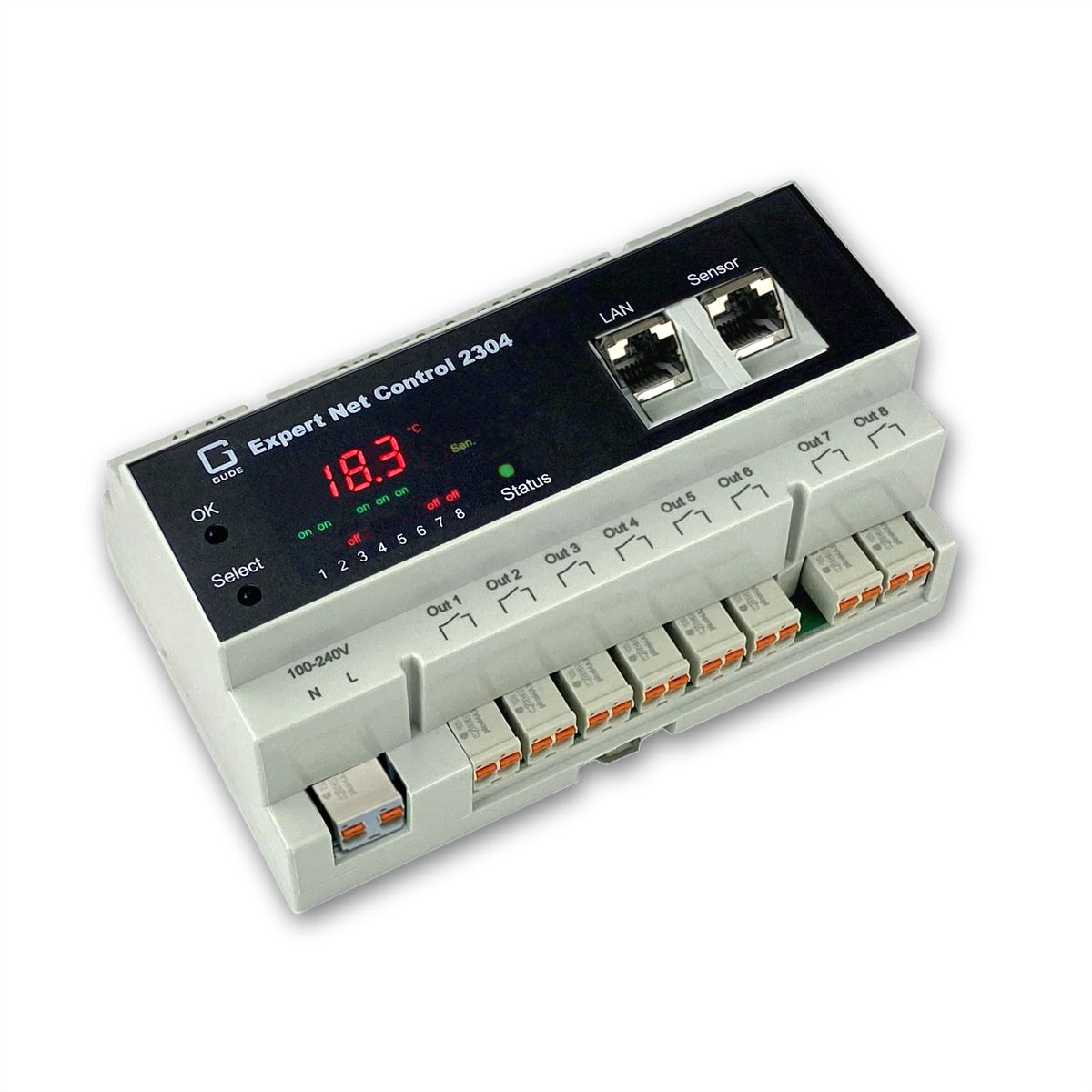 GUDE 2304-1 Remote I/O 8xIn 8xOut, 1 port capteur, rail DIN