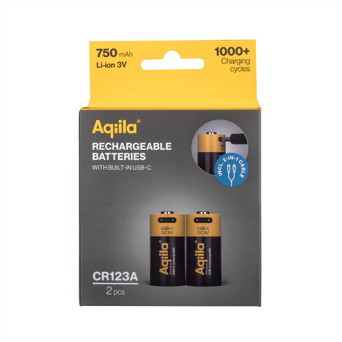 Aqiila USB-C Batterie CR123A 2x, 750 mAh, 3 V