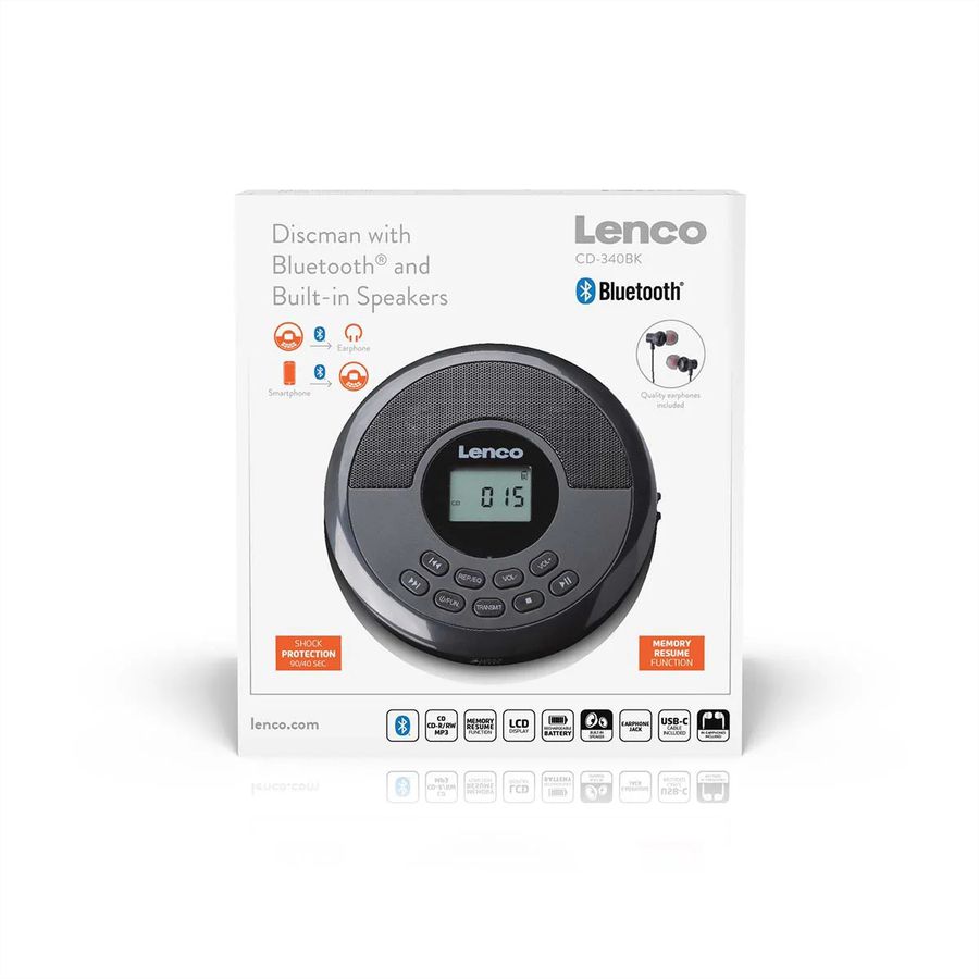 Lenco CD-340BK tragbarer CD MP3 Player mit Bluetooth , Schwarz