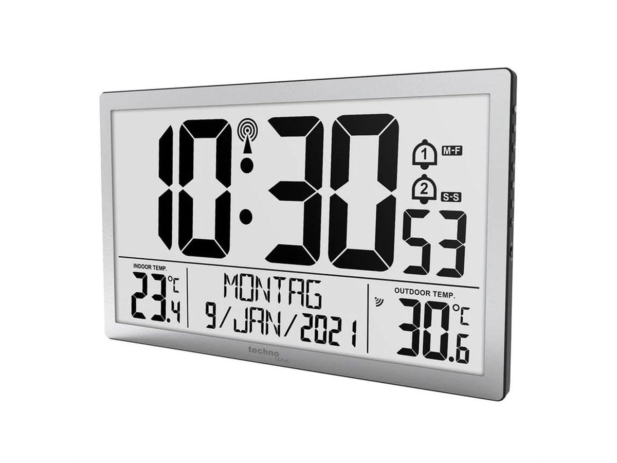 Horloge murale numérique Technoline WS 8113, radio, température intérieure/extérieure, noire, capteur extérieur inclus, argent
