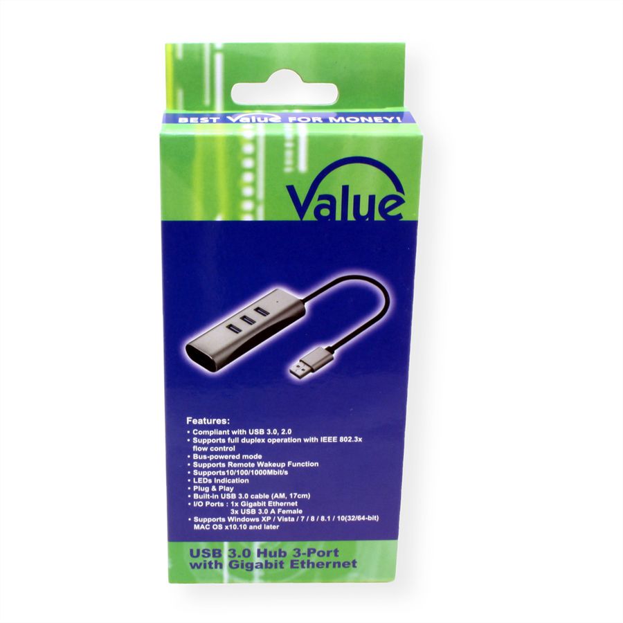 VALUE Convertisseur USB-A - Gigabit Ethernet +Hub
