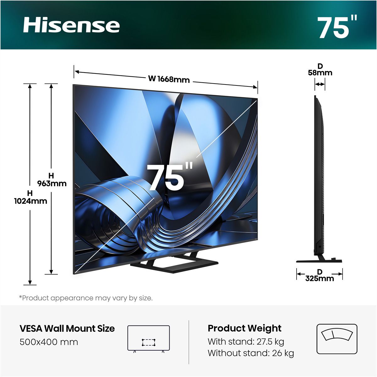 Hisense TV 75U7DSE 75", Mini-LED 4K, 144Hz, 1400 Nits