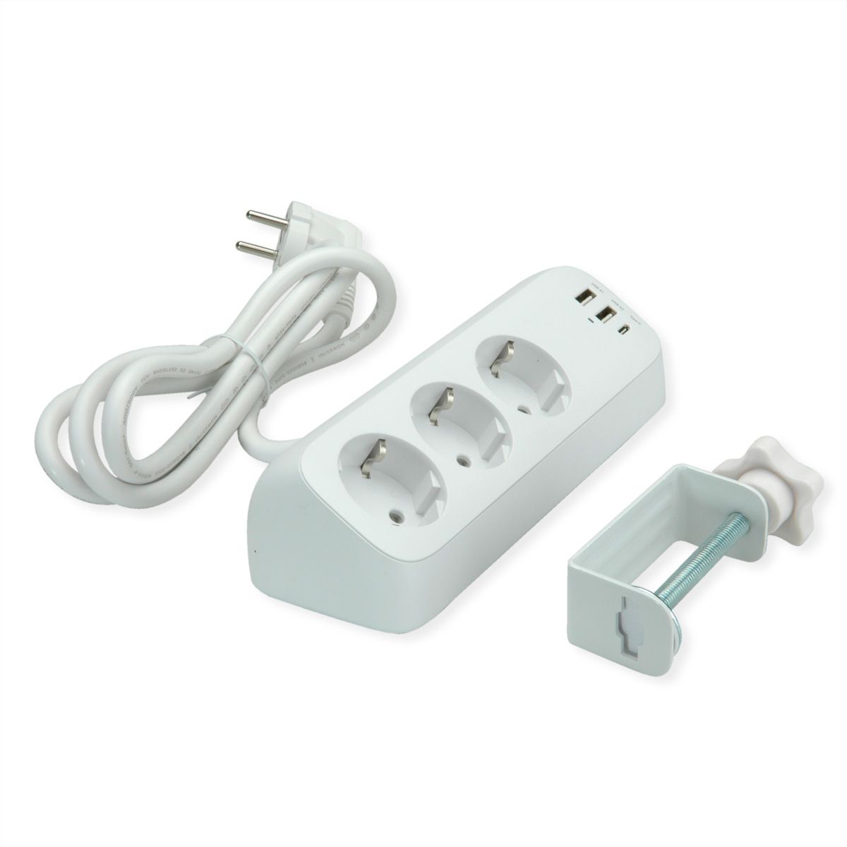 VALUE Tisch-Steckdosenleiste, 3fach mit Tisch-Klemme, inkl. USB-Charger (2x USB-A, 1x USB-C), 1,5 m