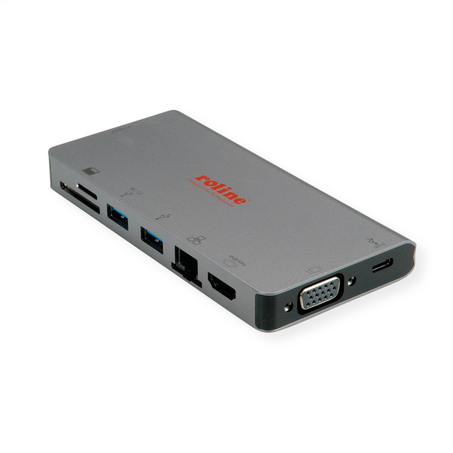 ROLINE Station d'accueil USB type C, HDMI  4K, VGA, 2x USB 3.2 Gen 1, 1x LAN, 1x PD, 1 lecteur de carte