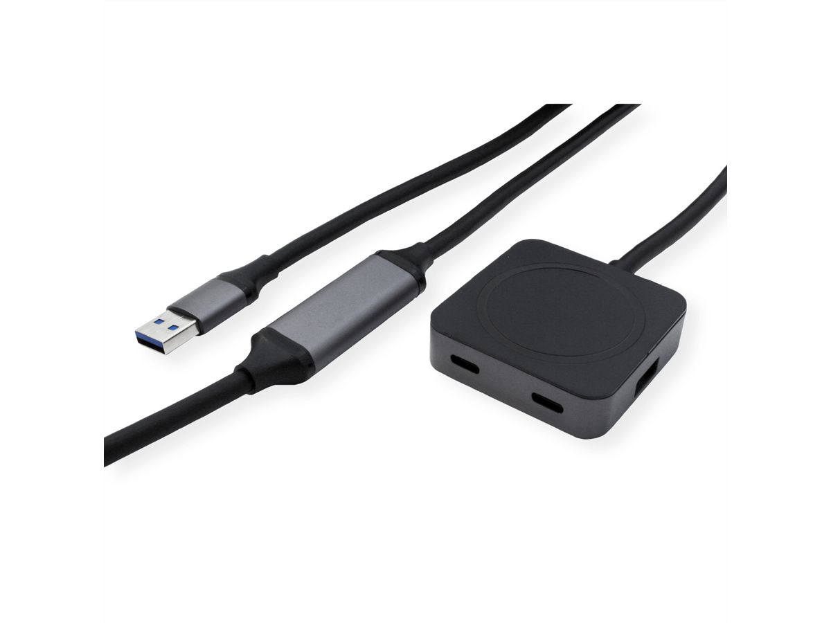 VALUE USB 3.2 Gen 1 Hub, 4 Ports (2x USB-A + 2x USB-C), mit Verlängerungskabel, schwarz, 10 m
