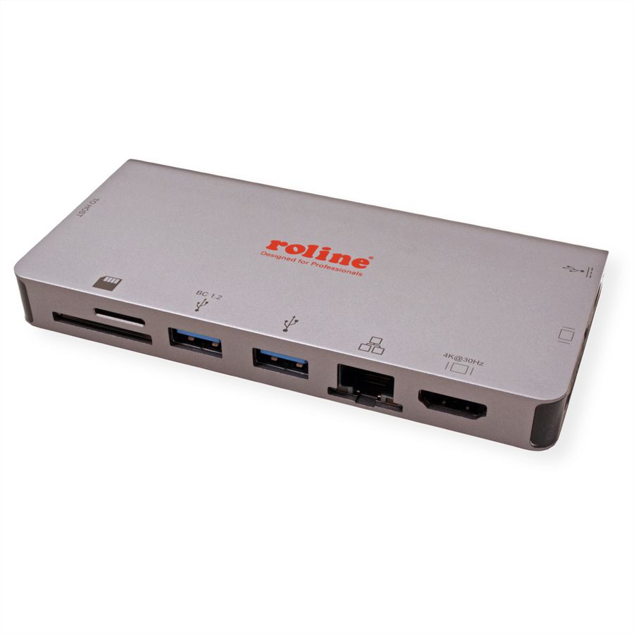 ROLINE Station d'accueil USB type C, HDMI  4K, VGA, 2x USB 3.2 Gen 1, 1x LAN, 1x PD, 1 lecteur de carte