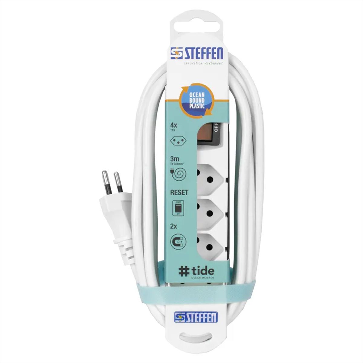Steffen Multiprise TIDE 4xT13 3m, avec interrupteur et aimant blanc