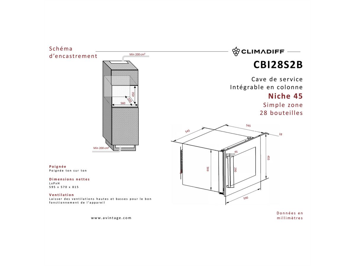 Climadiff Weinkühlschrank CBI28S2B, Freistehend, 1 Zone, 28 Flaschen