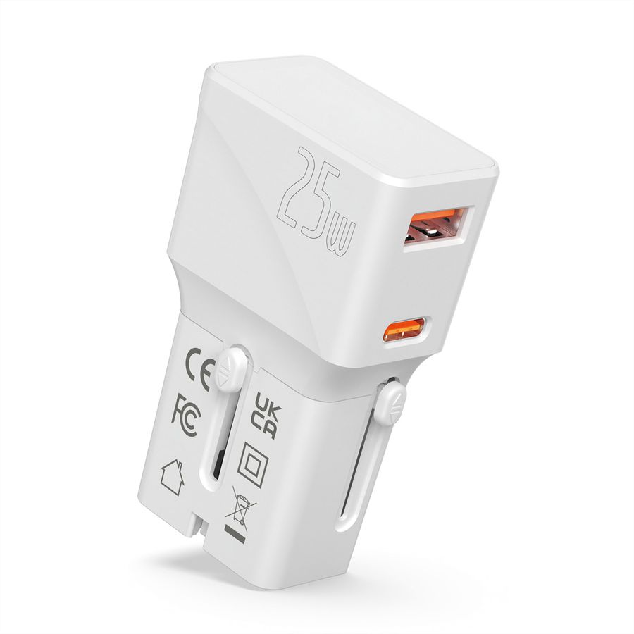 VALUE USB Reise-Charger mit Euro-Flach-/UK-/US-Stecker, 2 Port (Typ-A QC3.0, Typ-C PD), 25W