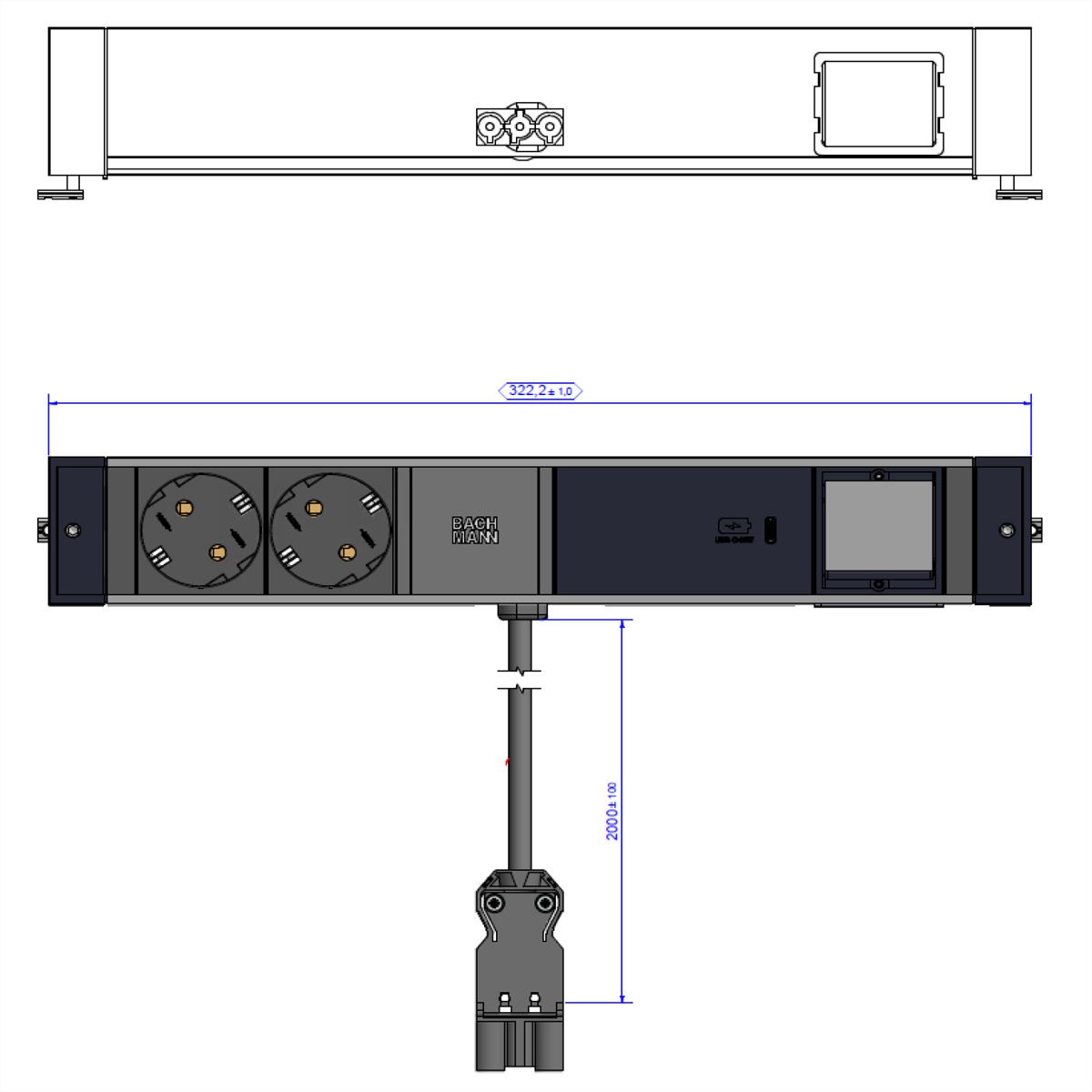 BACHMANN DESK RAIL 2xSchutzkontakt USB C, USB Charger 60W 1xABD 2,0m GST18