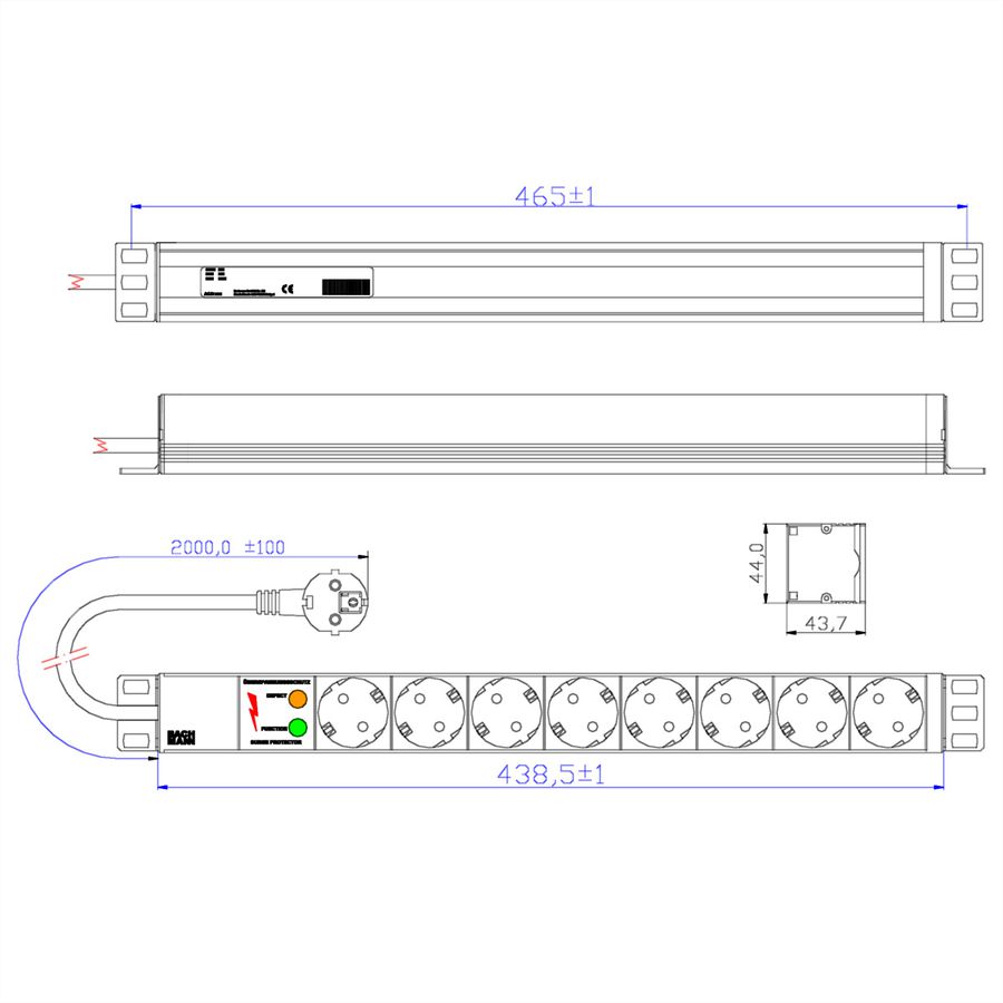 BACHMANN Bâti de prises 19" 8x avec protection contre les surtensions sans interrupteur