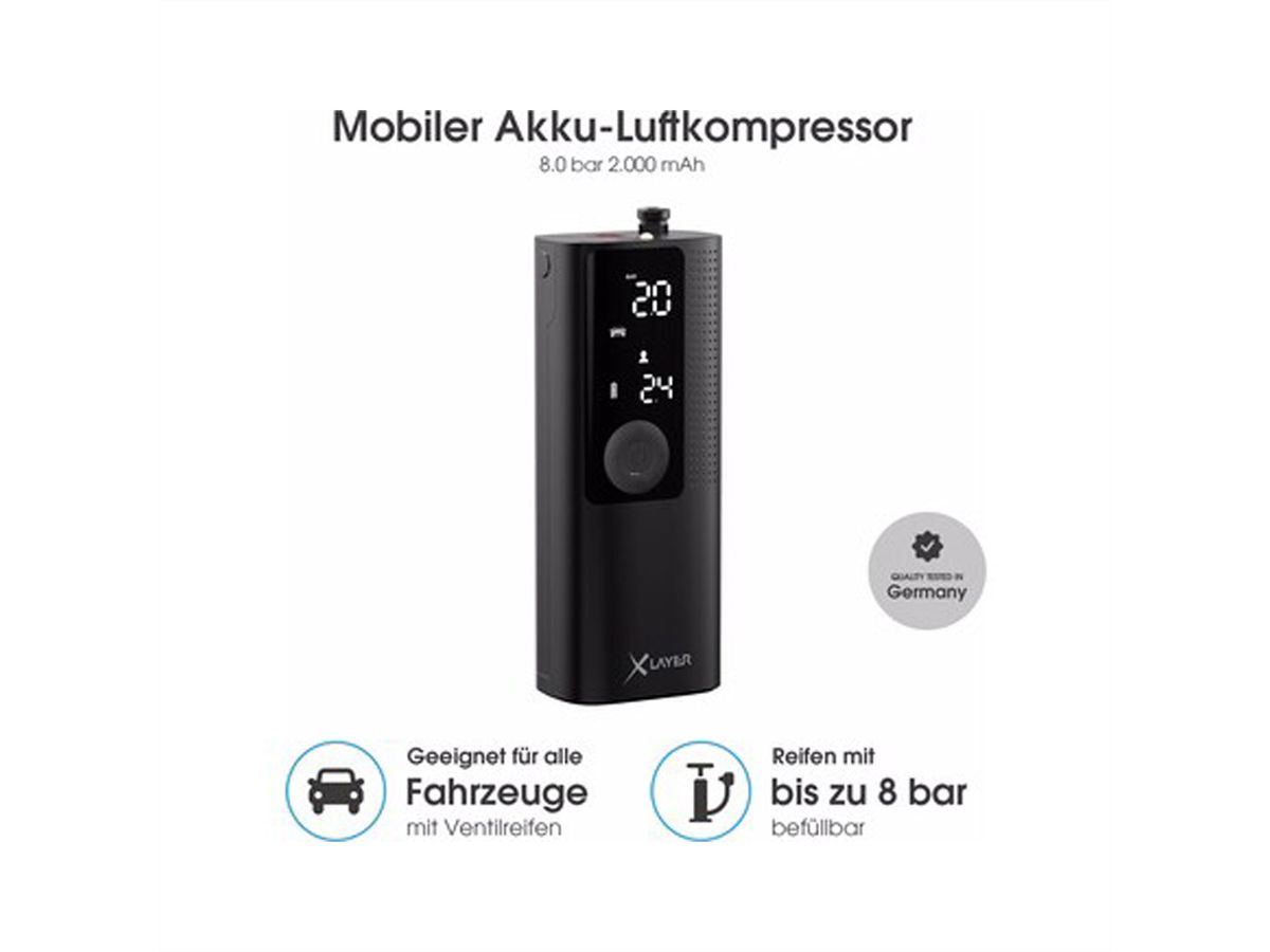 XLayer Mobiler Akku Luftkompressor, 8.0 bar 2.000 mAh