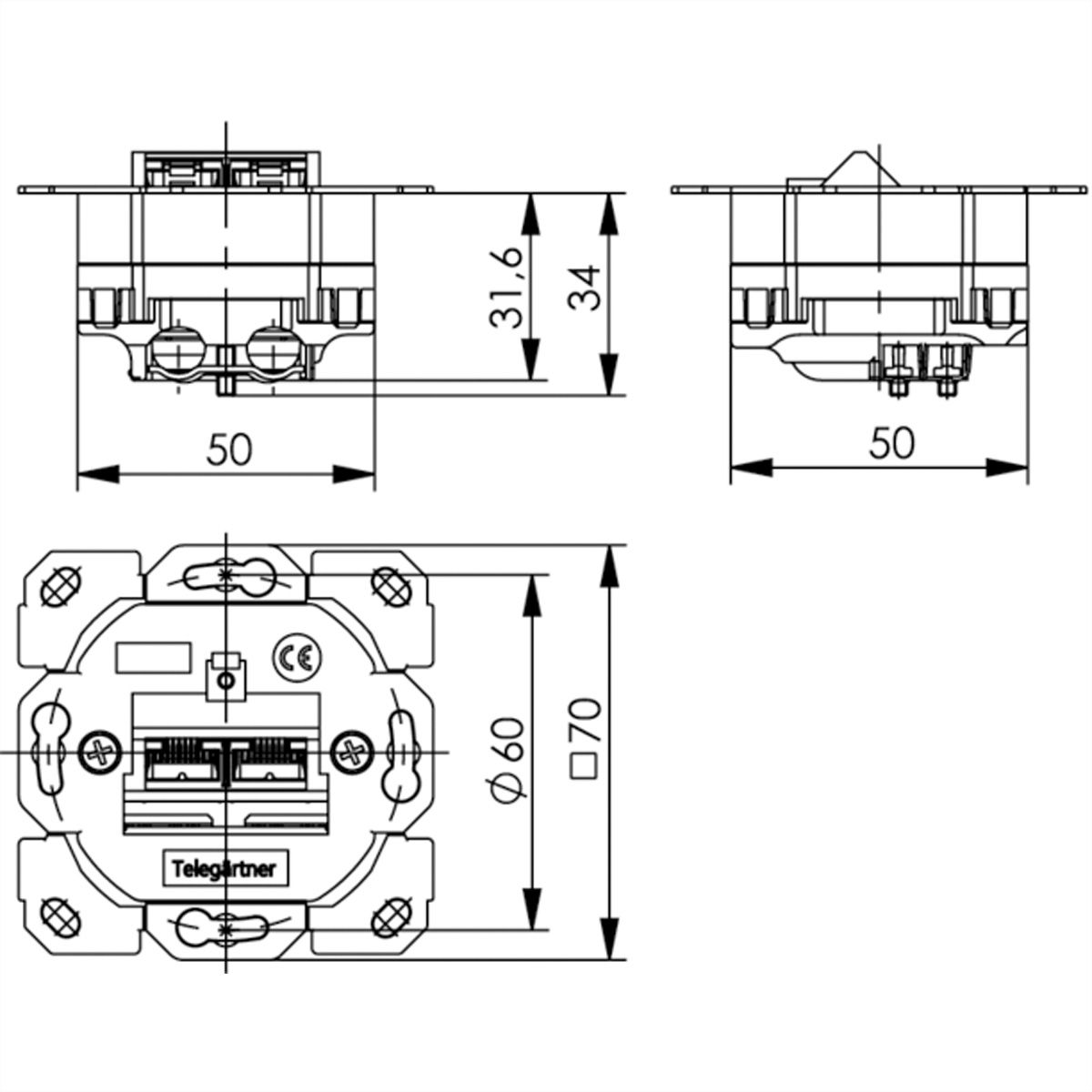 TELEGÄRTNER Embase double AMJ45 sans plaque centrale, Cat.6A (Classe EA), (A+C)