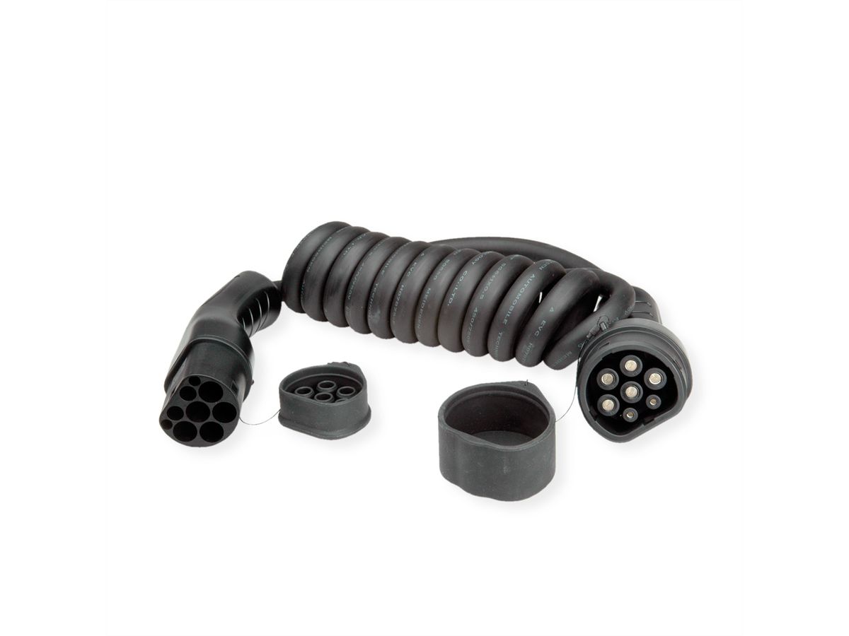 ROLINE Câble de recharge VE type2, 1-Phase, 250VAC (1P+N+E), 32 A, 7,4 kW, spirale (max. 5m)