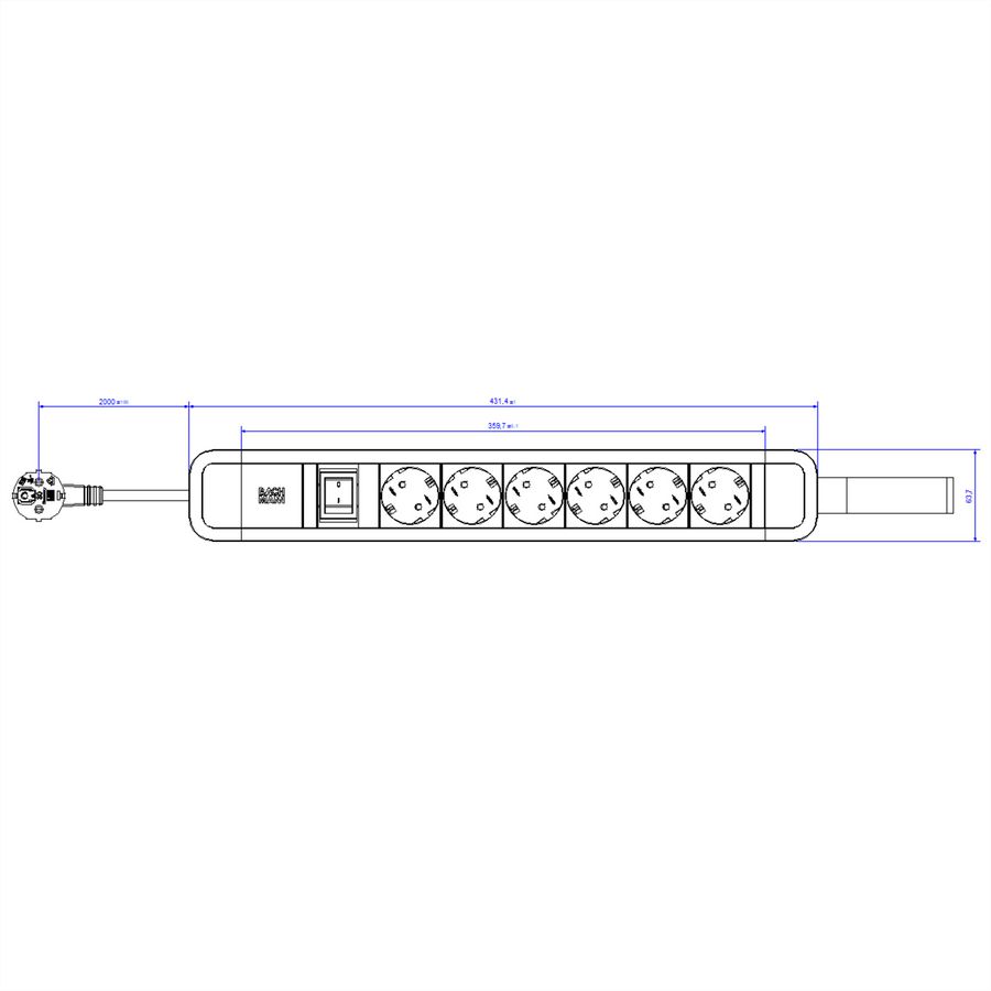 BACHMANN PRIMO 2 6xCEE7/3 1xSchalter mit Schlaufe 2m CEE7/7 RAL5010