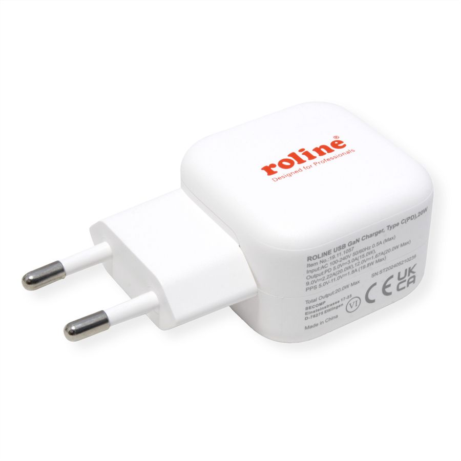 ROLINE Chargeur USB avec prise Euro, 1 port, QC3.0, GaN, 20W